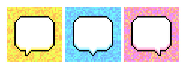Set of blank pixel art speech bubbles on colorful pixel backgrounds in 8-bit style. Vector illustration