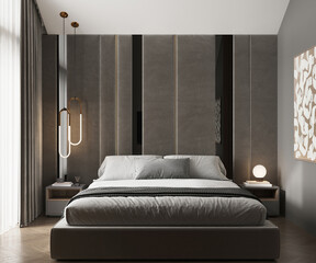 Visualization of a dark modern interior of bedroom, glossy surface, 3d rendering, cg illustration