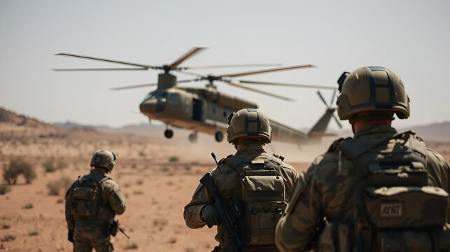 Soldiers monitor helicopter landing in arid terrain, highlighting camouflage and military readiness