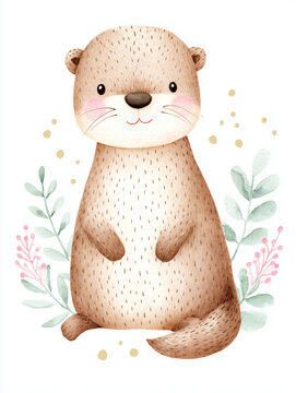 hand-drawn watercolor illustration of cute cartoon ottern,watercolor of animal on white paper