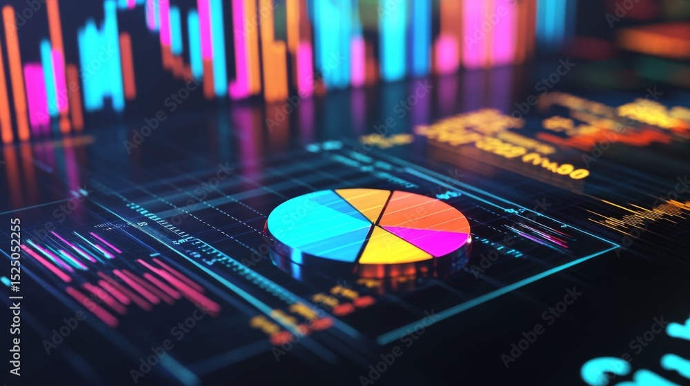 Aufkleber a financial pie chart and line graph in vibrant colors, depicting key business data and market insig