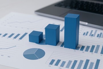 Financial Analysis and Business Data Visualization with Three-Dimensional Blue Bar Graph on a White Paper Report with Charts and a Laptop in the Background