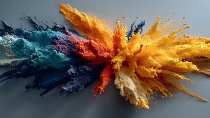 Vibrant paint exploding on white canvas in slow motion creating colorful abstract splash with soft shadows