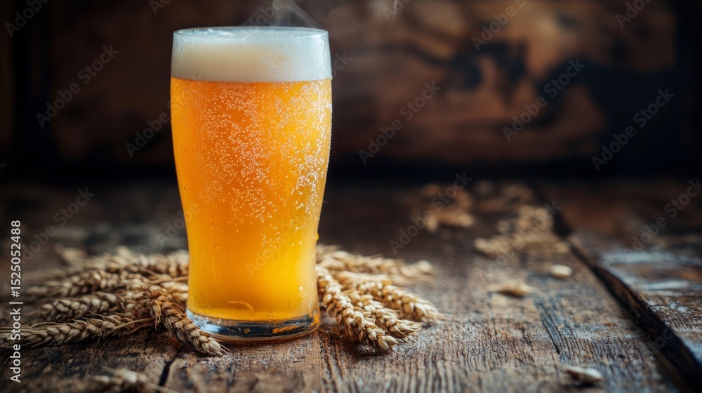 Poster a frosted glass of beer with condensation droplets, placed on a rustic table, surrounded by scattere