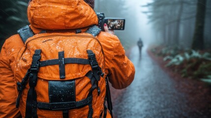 Hiking in the misty forest