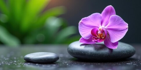 Fototapeta premium Smooth grey stones, delicate purple orchid; serene spa setting , healthy lifestyle, stones, tranquility