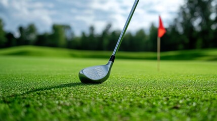 A golf club in mid-swing, photographed against a green fairway and a distant flag, capturing the motion of the club with a blurred background.