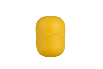 A bright yellow plastic capsule stands vertically against a clean white background.
Studio shot of a single yellow container with a rounded top and base.
Small toys container.
