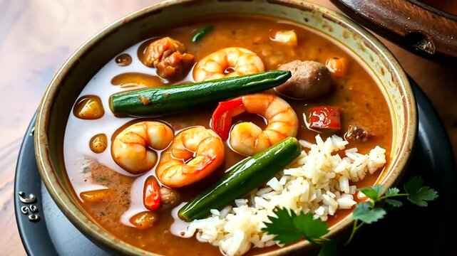 Delicious Thai spicy and sour seafood and papaya gourmet dish with fresh vegetables and red peppers on a white plate