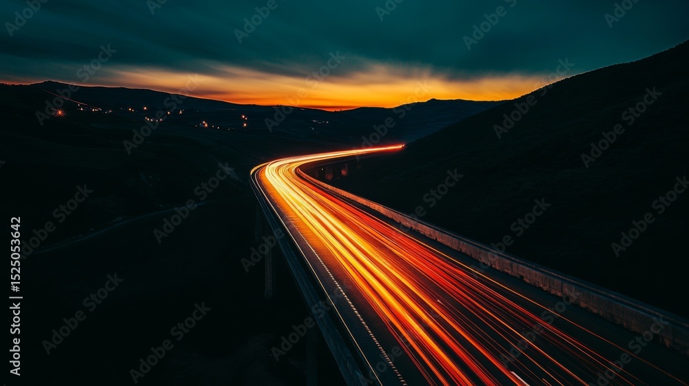 Poster a long exposure shot of a bridge at night, with light trails from passing vehicles creating a stunni