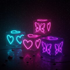 Neon boxes hearts butterflies glowing