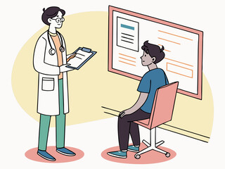 Professional cartoon-style doctor and patient interaction with medical icons in blue office background