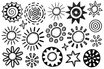 Collection of Diverse HandDrawn Sun Illustrations Doodle Style Sunbursts, Rays, and Star Shapes
