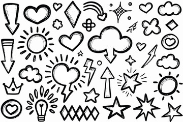Doodle Sketch Collection HandDrawn Hearts, Stars, Clouds, Arrows, Sun, Lightning, Crown, and More Graphics