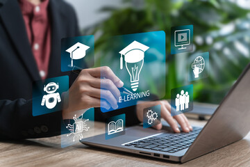 Education technology with AI Artificial Intelligence concept, Businesswomen use AI to generate new ideas for skill development, E-book technology, Education technology study knowledge, Success goals