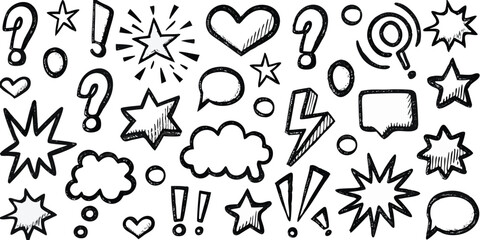 Black and White Doodle Seamless Pattern with Stars, Speech Bubbles, Hearts, and More