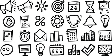 Fototapeta premium Hand Drawn Black and White Business Icons Megaphone, Goal, Calendar, Lightbulb, Graph, Checkmark