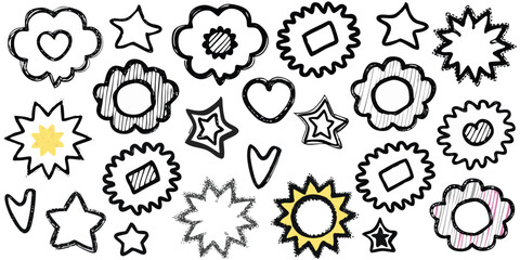 HandDrawn Doodle Art Stars, Hearts, Flowers, and Geometric Shapes on White Background