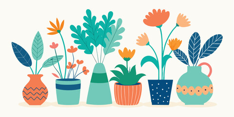 Colorful Potted Plants Illustration Orange, Teal, and Blue Floral Arrangement Design