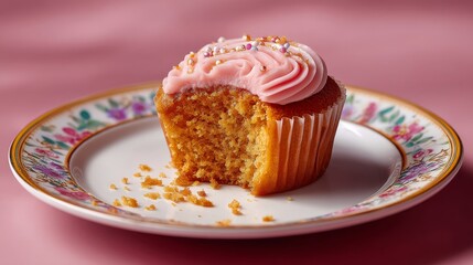 Half-Eaten Golden Cupcake with Pink Frosting and Sprinkles on Decorative Floral Plate
