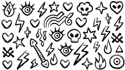 Grungy HandDrawn Tattoo Design Skulls, Lightning Bolts, Hearts, Stars, Eyes, Crosses and More!