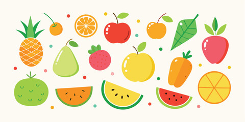 Colorful Cartoon Fruit Collection Pineapple, Apples, Watermelon, Oranges, Pear, Strawberry, Leaf and Carrot