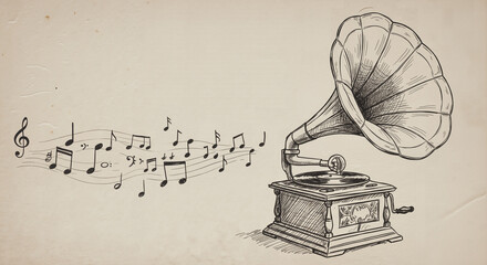 Vintage gramophone with musical notes for retro music events, nostalgia-themed blogs, and classic audio branding