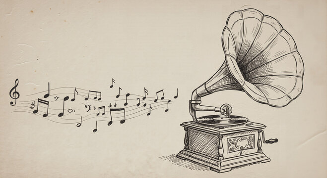 Vintage gramophone with musical notes for retro music events, nostalgia-themed blogs, and classic audio branding