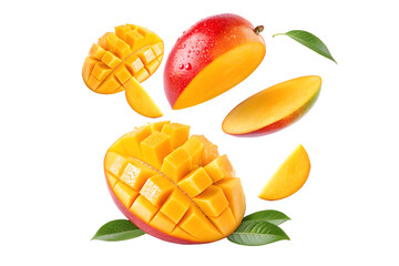 Flying Mango with Half Slices – Isolated on Transparent White Background with Clipping Path