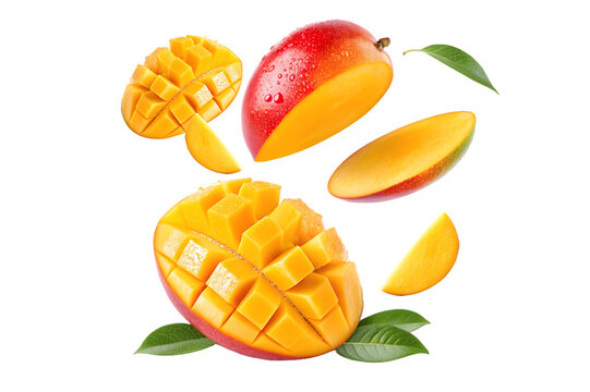 Flying Mango with Half Slices &ndash; Isolated on Transparent White Background with Clipping Path