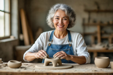 A smiling, mature woman with silver hair, wearing denim overalls, sits in a pottery studio, gently shaping clay on a potters wheel.