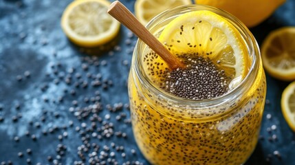 Glass jar with chia seeds and lemon in refreshing healthy drink