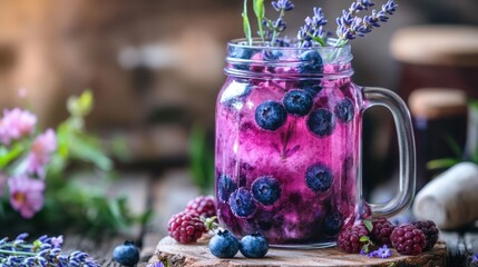 Refreshing lavender blueberry lemonade with ice in a mason jar