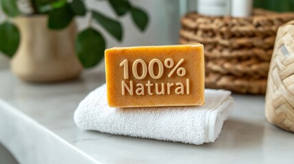100% natural handmade soap resting on white towel in modern bathroom