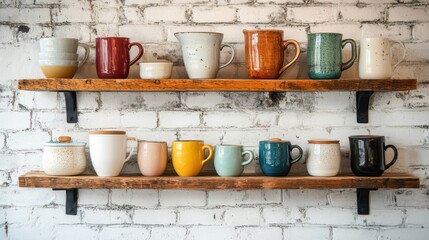 Colorful ceramic mugs and teapots resting on wooden shelves against white brick wall