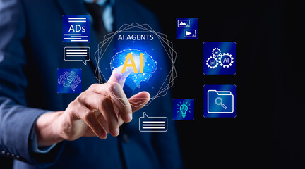 Concept of using artificial intelligence and AI to enhance human potential to manage important things in life, making life easier through AI agents and assistants, and increasing work efficiency.