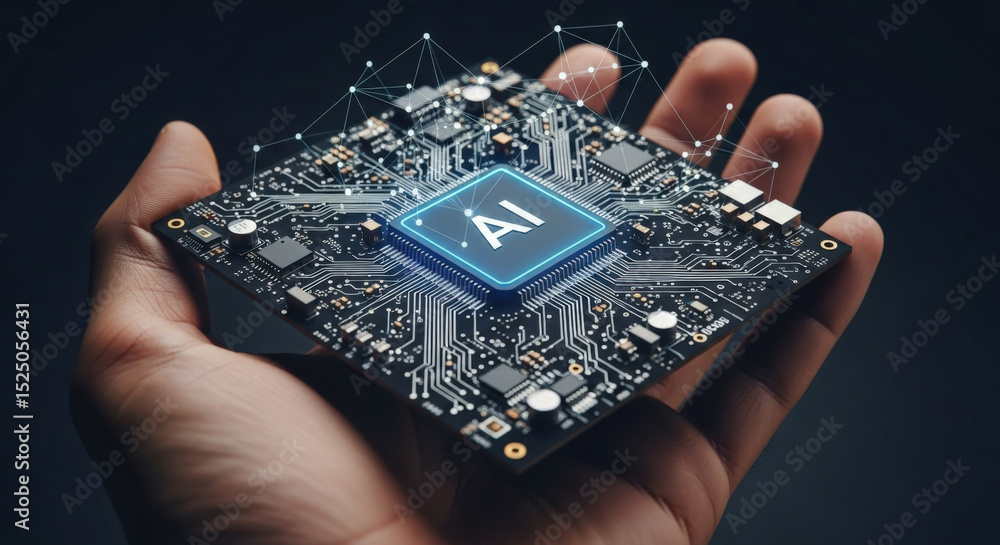 Poster hand holding ai electronic circuit with network. artificial intelligence, machine learning, big data