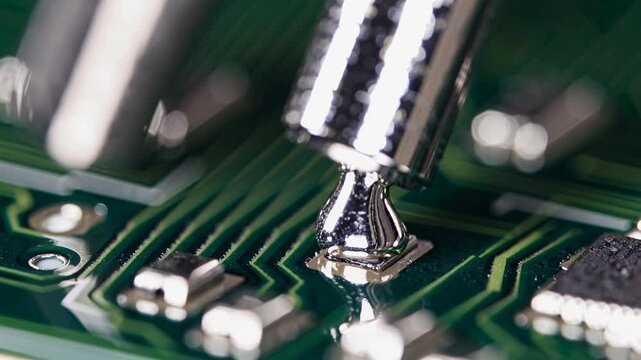 Close-up of soldering process on a circuit board in a workshop setting