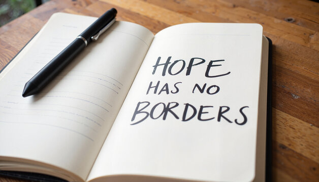 Open notebook with handwritten phrase "Hope Has No Borders" and pen.  International Human Rights Day 