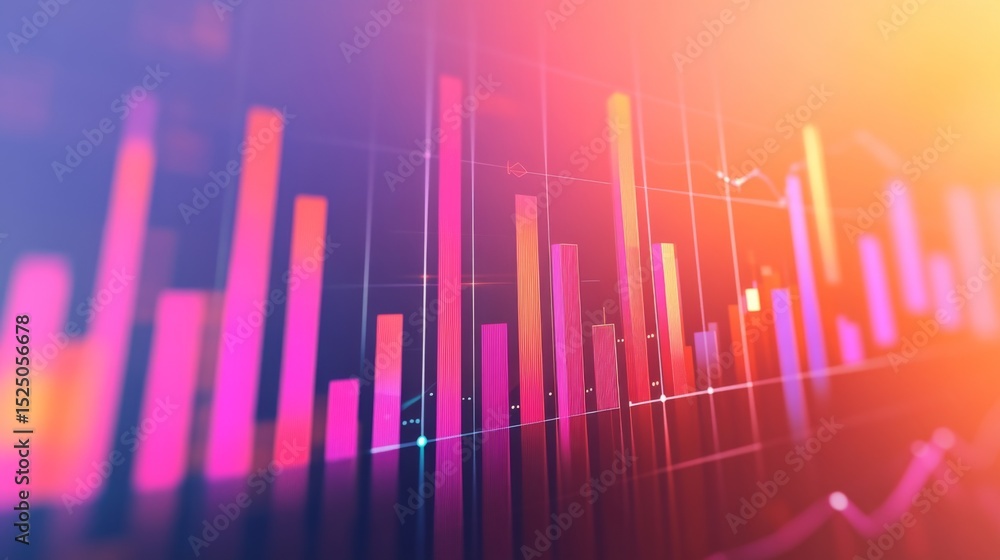 Leinwandbilder A professional D bar chart in soft gradient tones, with bars rising upwards and data lines overlaid, set in a minimalist digital environment.