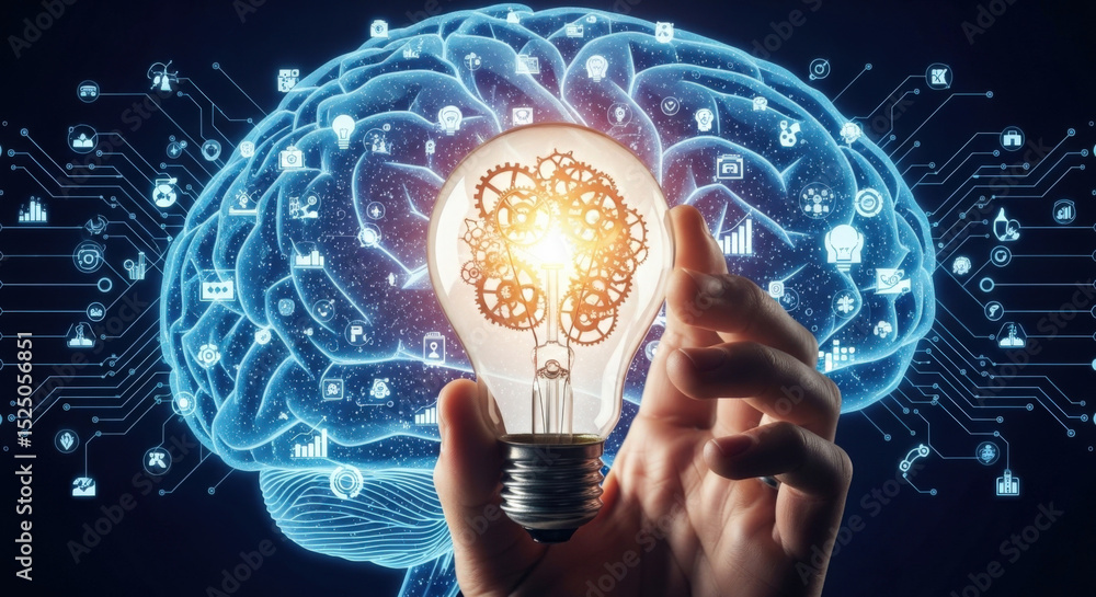 Poster innovation concept hand holding light bulb with gears. brain background with network connection icon