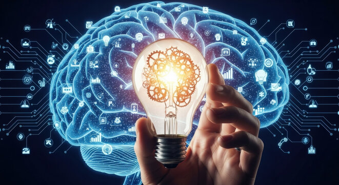 Innovation concept hand holding light bulb with gears. Brain background with network connection icons. AI, new ideas, problem solving, industrial technology, science, creativity, future tech.