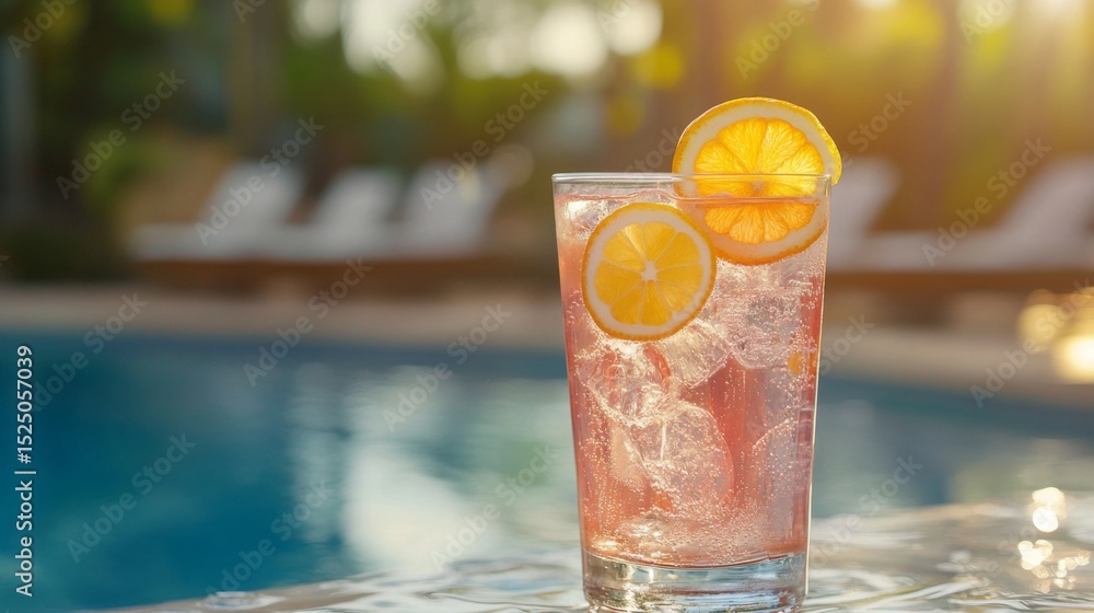 Aufkleber A refreshing glass of fizzy soda garnished with citrus slices, sitting on a poolside table with a blurred background of a sunny day.