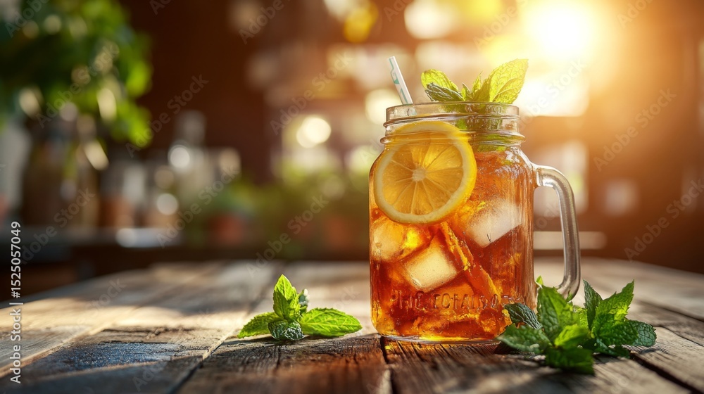 Poster A refreshing soda served in a mason jar with ice, topped with a lemon slice and mint, sitting on a rustic wooden table in natural light.