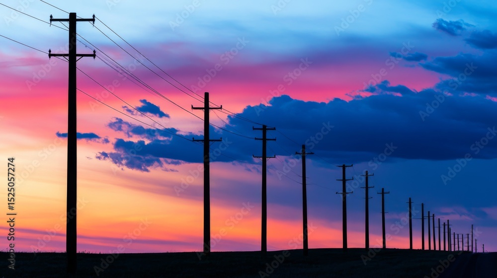Poster a row of utility poles silhouetted against a vibrant sunset sky, with colorful clouds adding depth a
