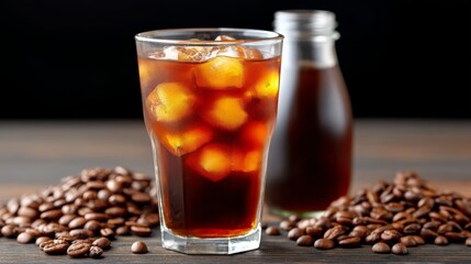 Cold Brew Coffee with Ice Cubes and Coffee Beans on Dark Wooden Table
