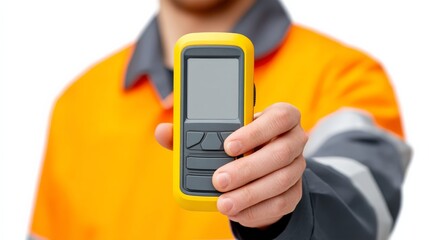 Engineer Holding Blank Temperature Data Logger in Orange Safety Uniform