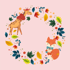 Cute autumn wreath with colorful leaves, berries, and playful animals giraffe and a fox. Perfect for children’s designs, seasonal projects, and festive illustrations celebrating fall and nature. 
