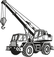 A detailed black and white illustration of a large mobile crane with extended boom and dangling hook, showcasing industrial engineering precision
