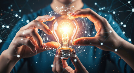 Hands holding lightbulb. Inspiration, bright idea, creative thinking. Energetic digital network, innovation. Creativity, mind, future technology, solution. Metaphor, concept, new ideas.